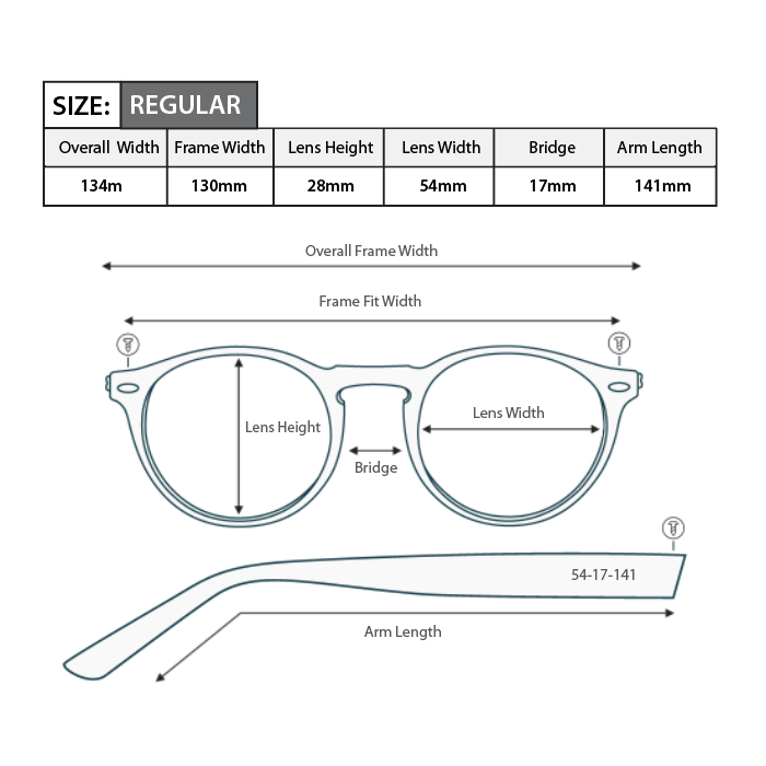 Reading glasses frame measurements size guide R034